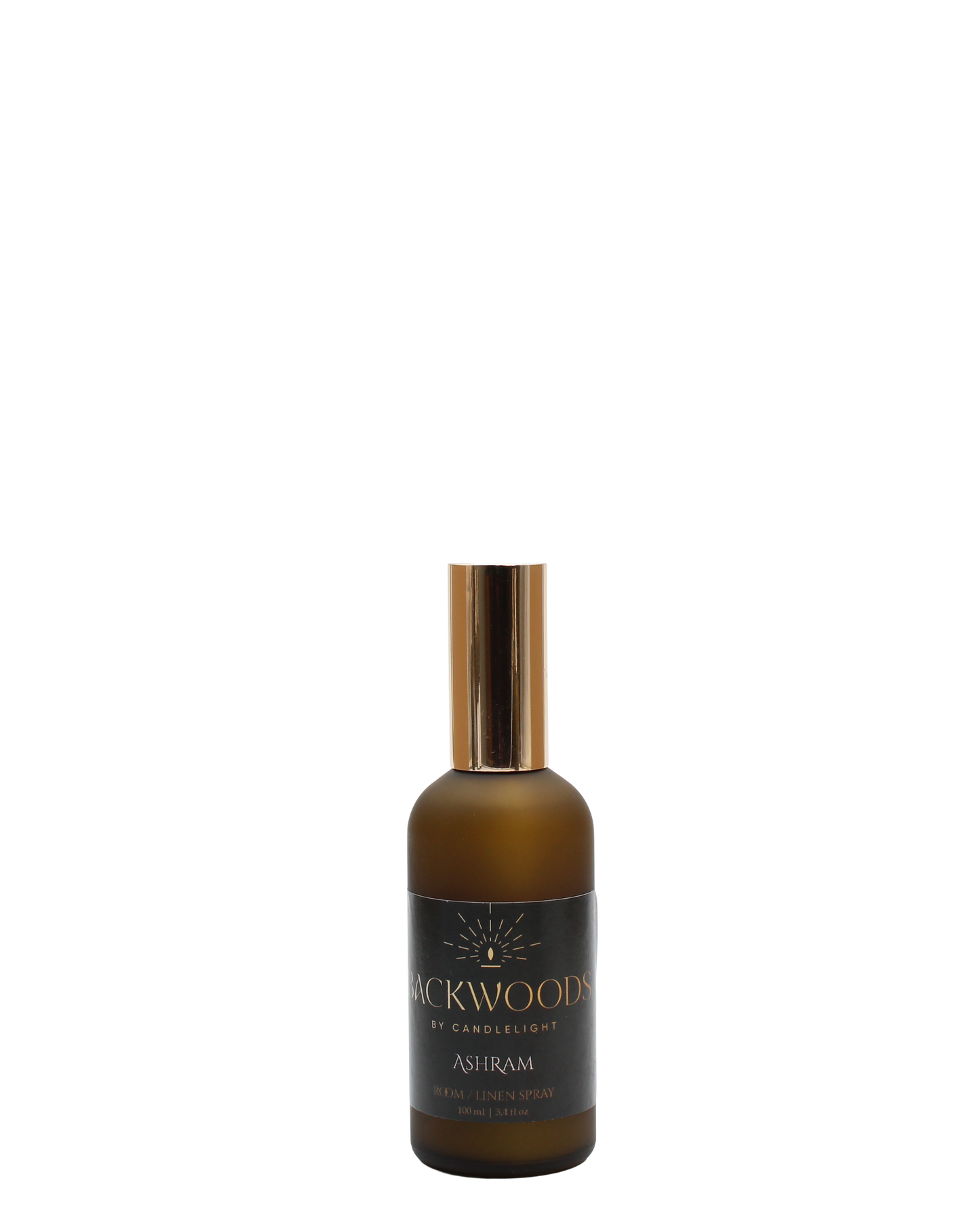 Room & Linen Spray bottle labeled 'Backwoods by Candlelight Ashram' on a white background