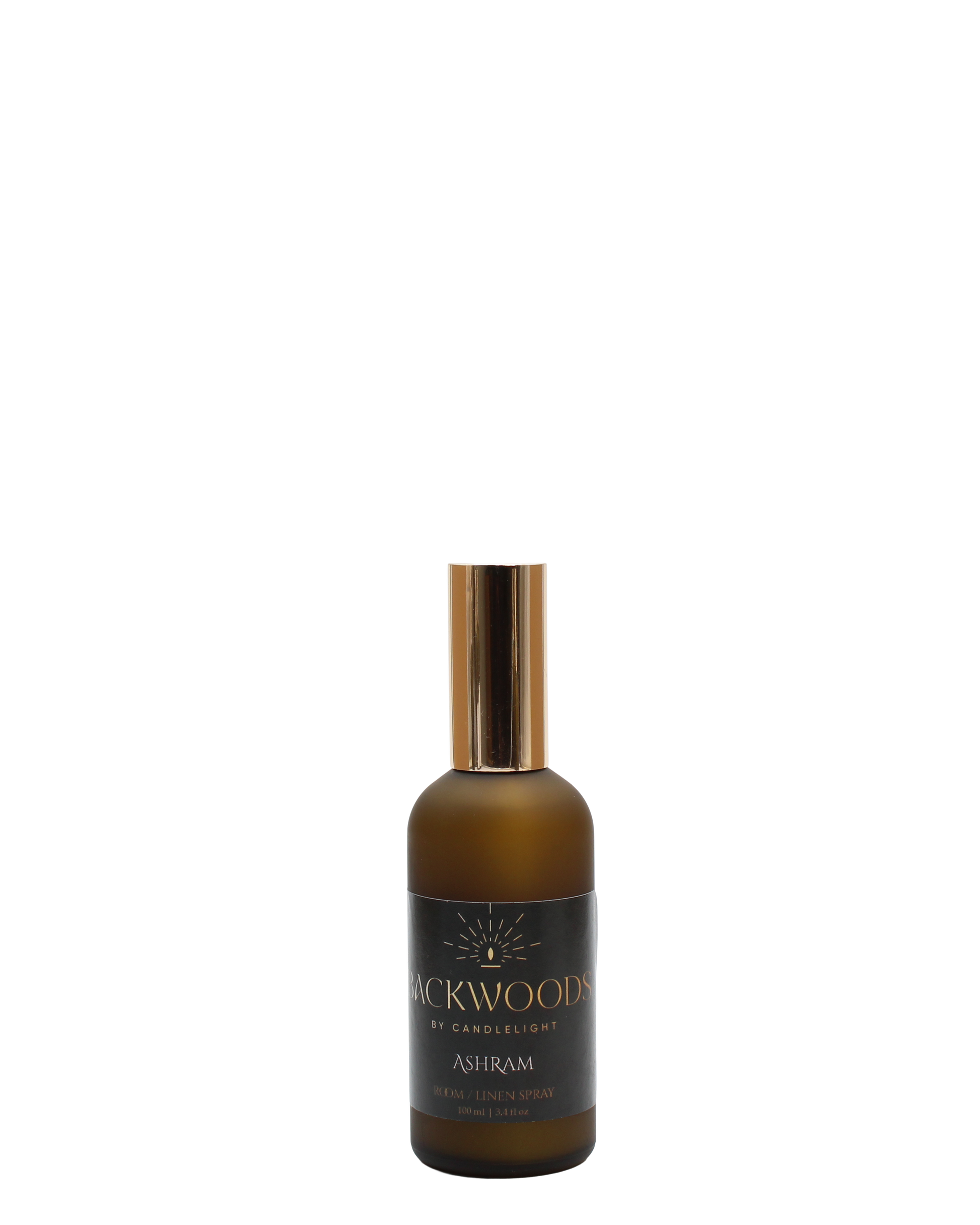 Room & Linen Spray bottle labeled 'Backwoods by Candlelight Ashram' on a white background