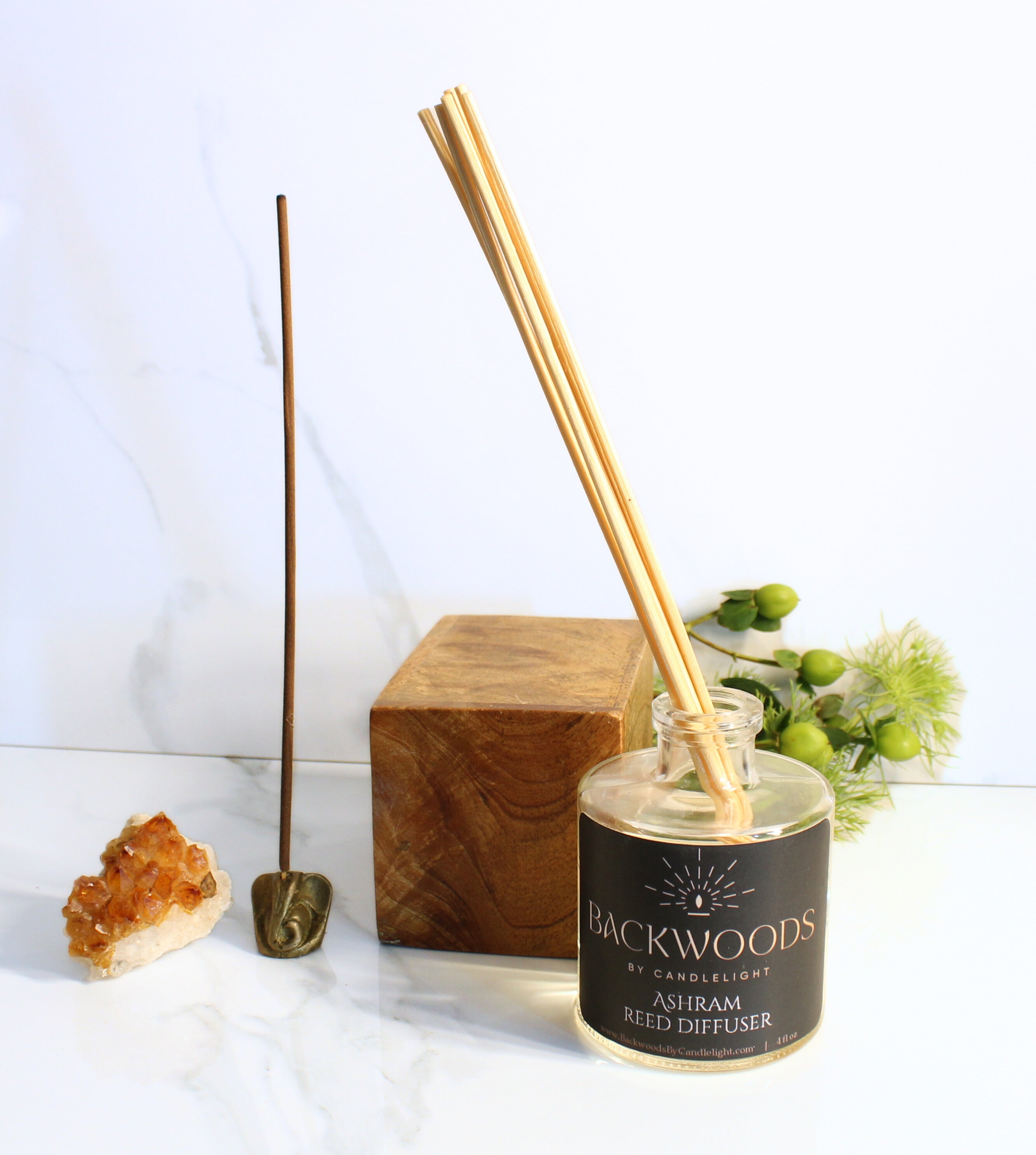 Non-toxic reed diffuser, natural reed diffuser sticks, white background. Ashram reed diffuser.