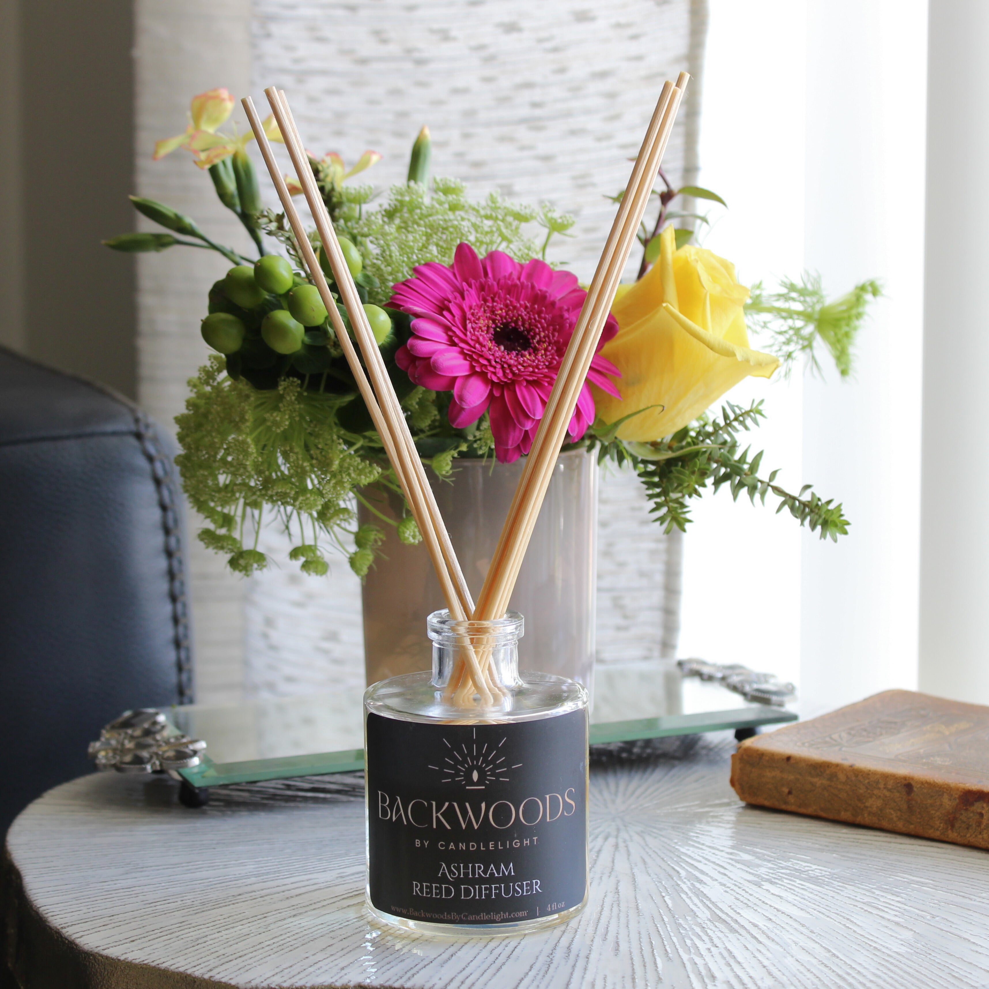 Non-toxic reed diffuser, natural reed diffuser sticks, white background. Ashram reed diffuser.