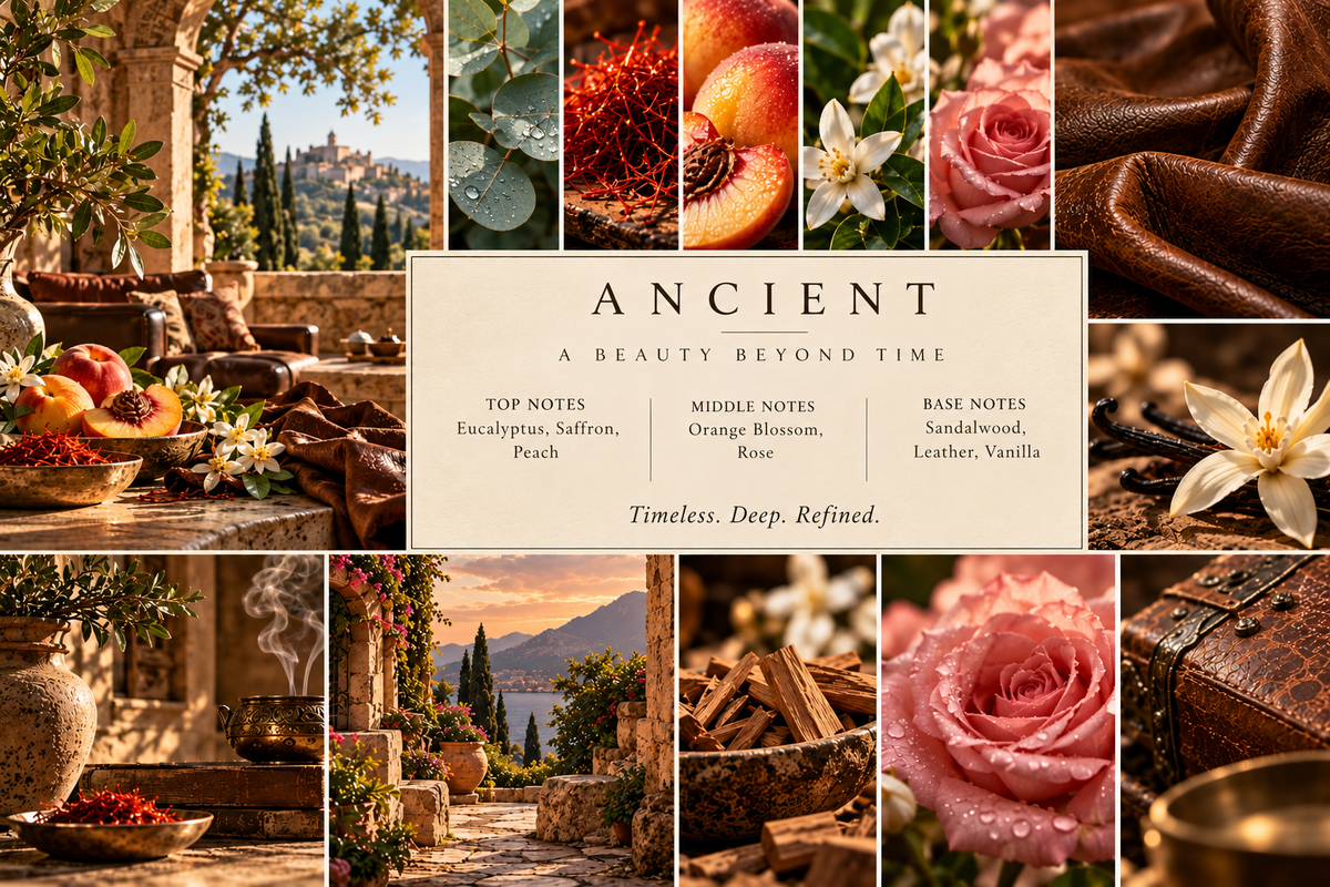 Ancient scent collage with eucalyptus, saffron, peach, orange blossom, rose, sandalwood, leather and vanilla, listing the top, middle and base notes