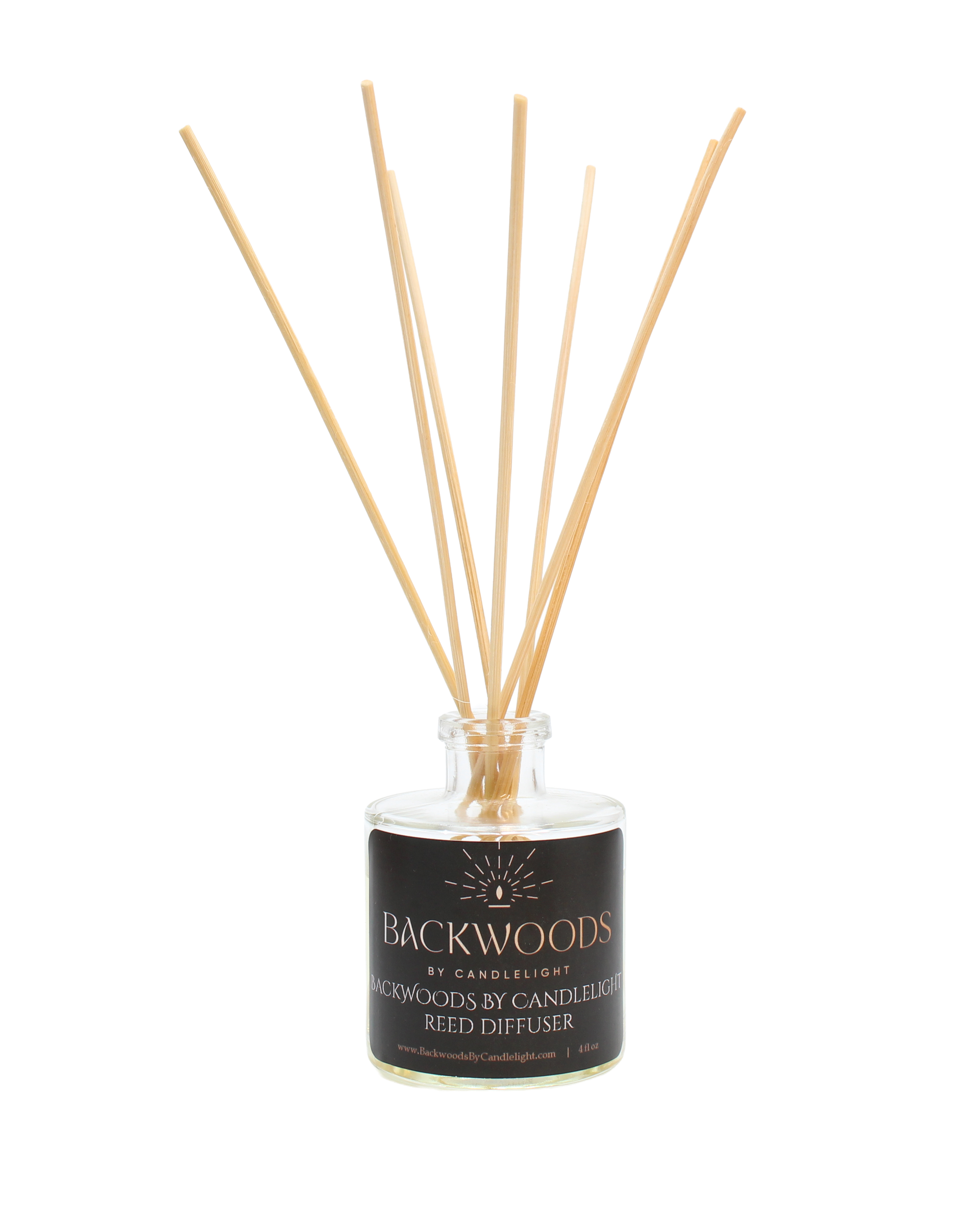 Non-toxic reed diffuser, natural reed diffuser sticks, white background. Backwoods By Candlelight reed diffuser.