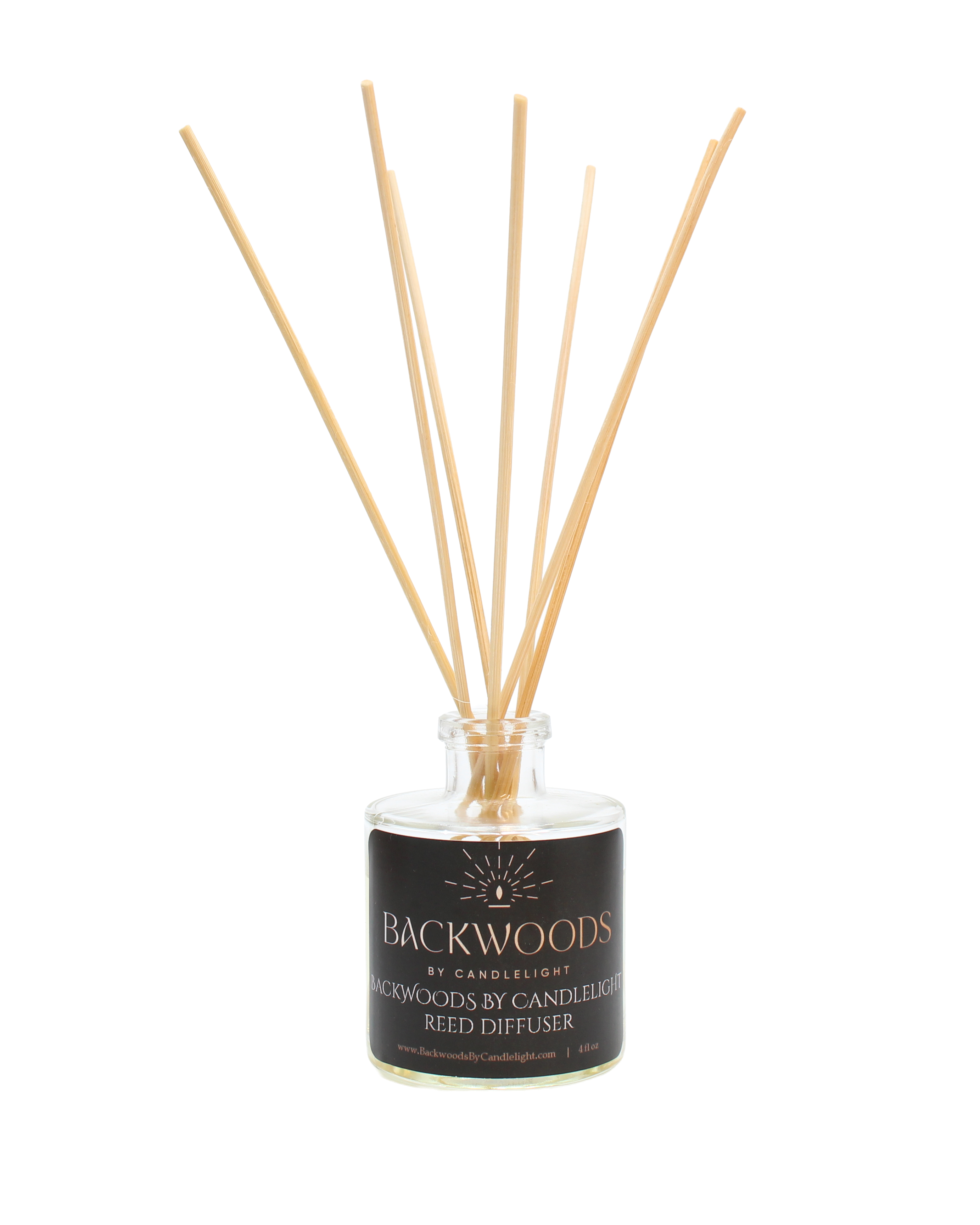 Non-toxic reed diffuser, natural reed diffuser sticks, white background. Backwoods By Candlelight reed diffuser.