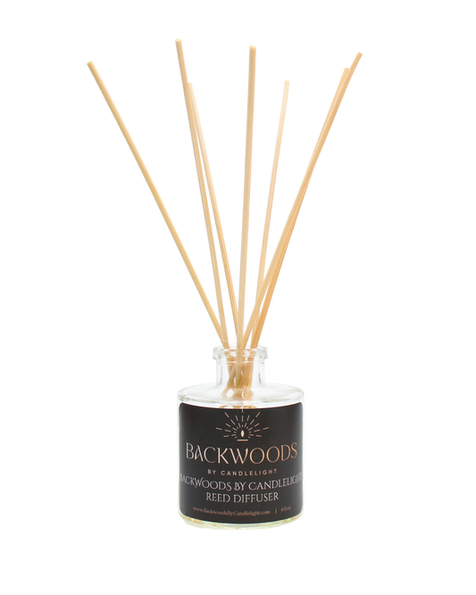 Non-toxic reed diffuser, natural reed diffuser sticks, white background. Backwoods By Candlelight reed diffuser.