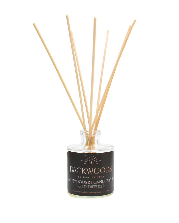 Non-toxic reed diffuser, natural reed diffuser sticks, white background. Backwoods By Candlelight reed diffuser.