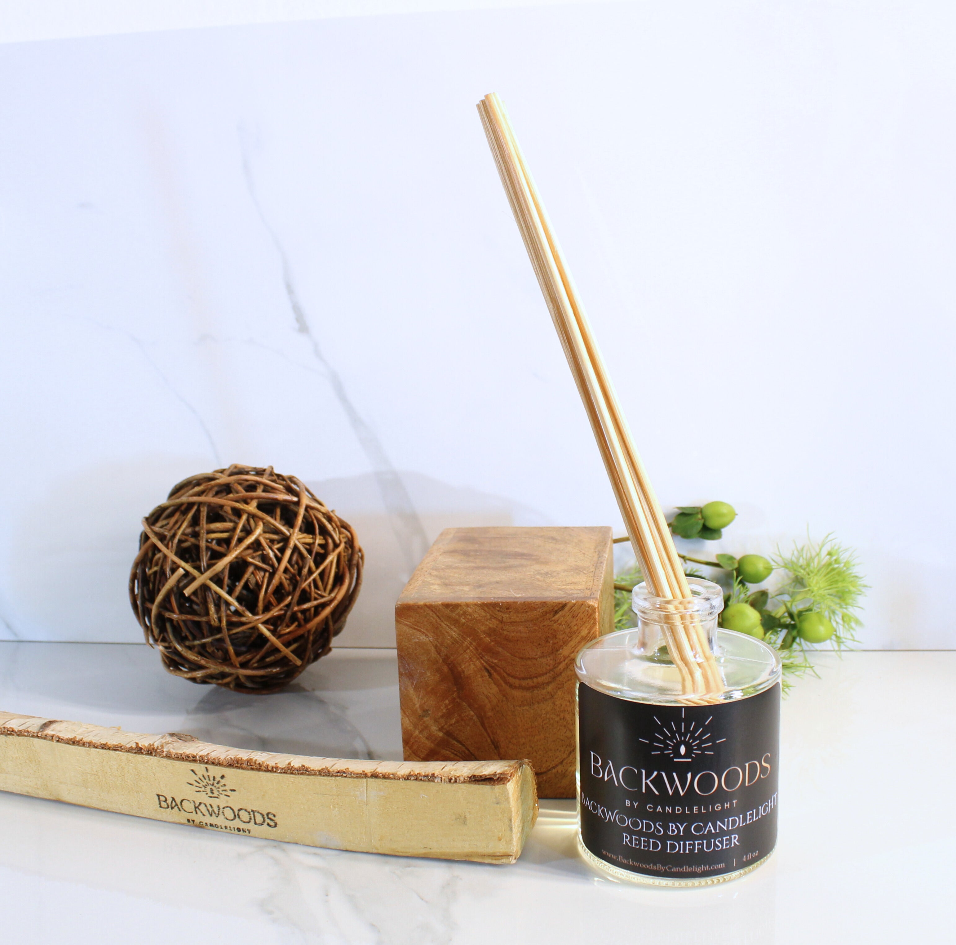 Non-toxic reed diffuser, natural reed diffuser sticks, white background. Backwoods By Candlelight reed diffuser.