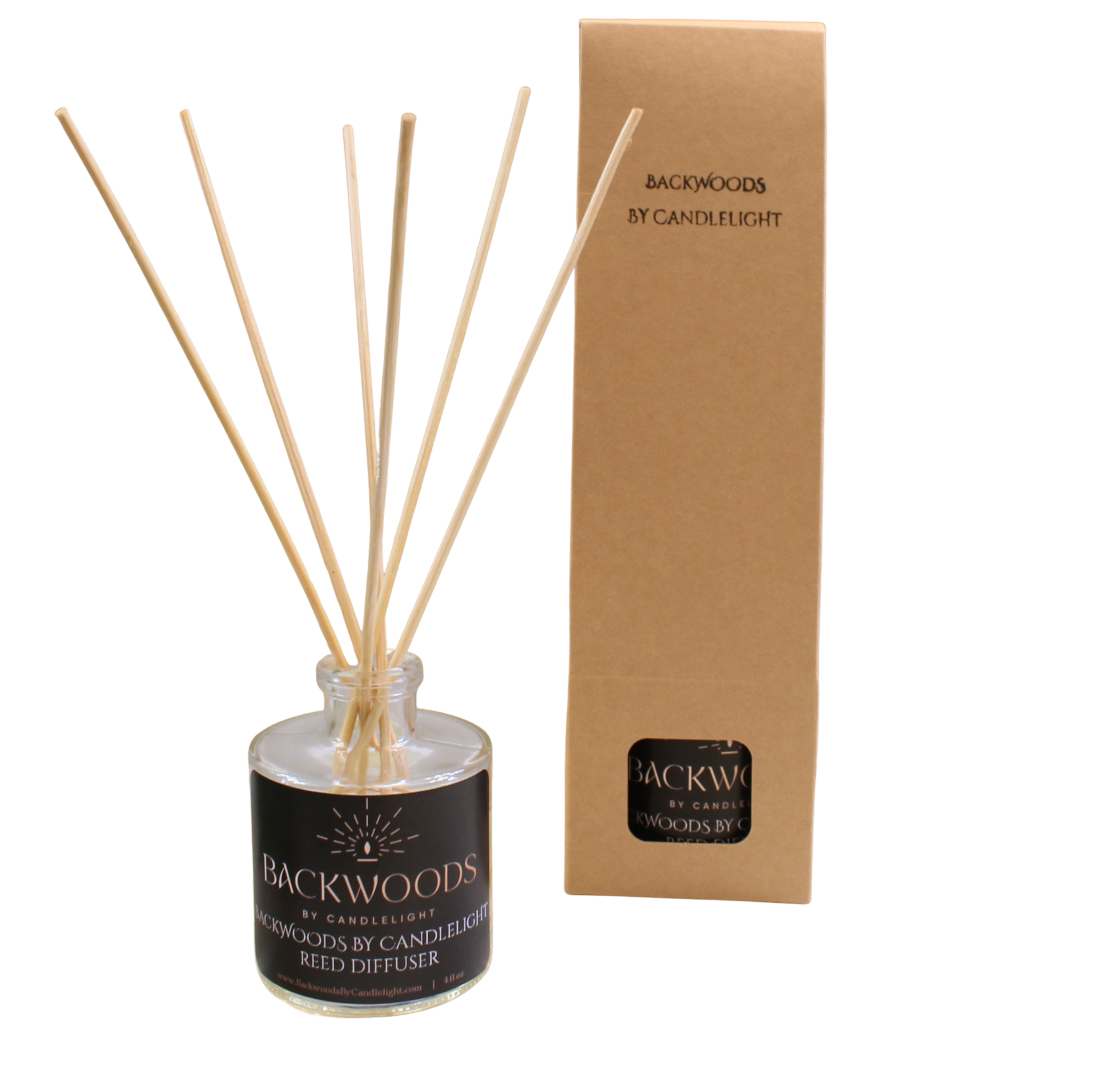 Non-toxic reed diffuser, natural reed diffuser sticks, white background. Backwoods By Candlelight reed diffuser.