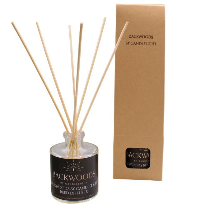 Non-toxic reed diffuser, natural reed diffuser sticks, white background. Backwoods By Candlelight reed diffuser.