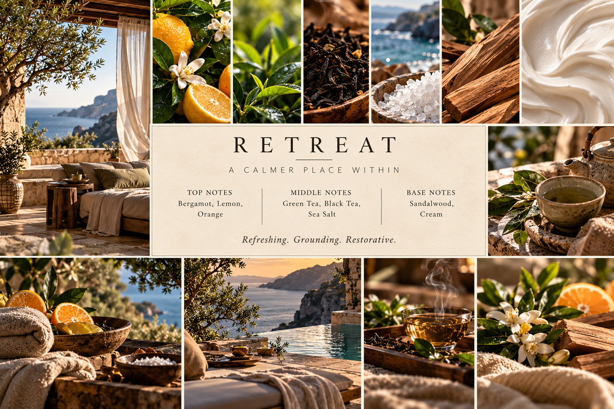 Retreat scent collage with bergamot, lemon, orange, green and black tea, sea salt, sandalwood and cream, listing the top, middle and base notes