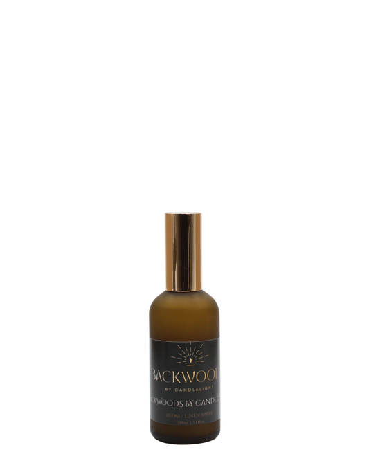 Room spray bottle labeled 'Backwoods by Candlelight' on a white background
