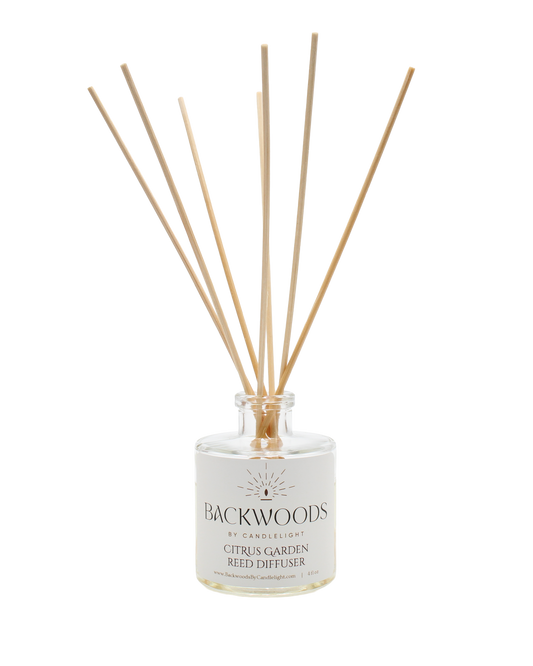 Non-toxic reed diffuser, natural reed diffuser sticks, white background. Citrus Garden reed diffuser.