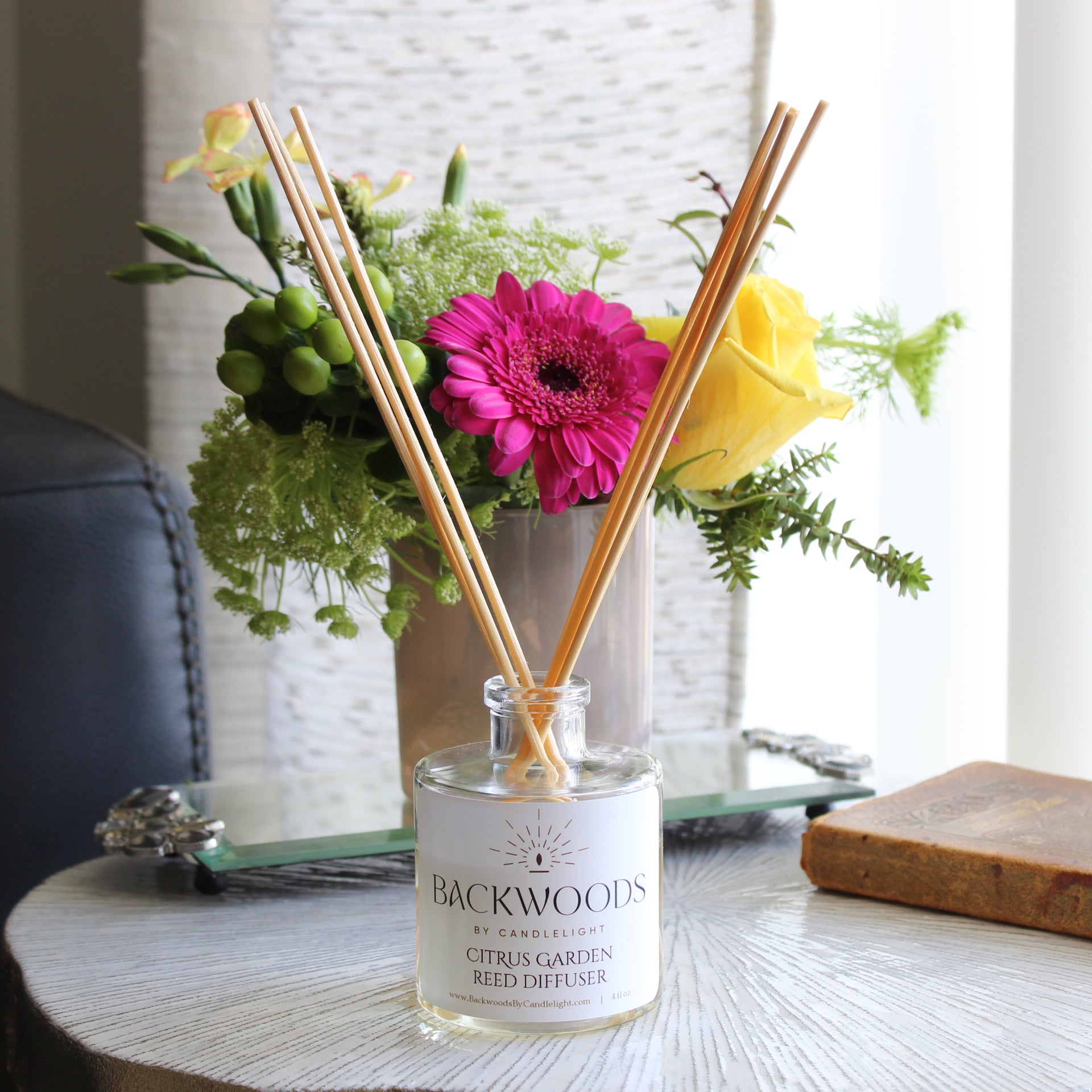 Non-toxic reed diffuser, natural reed diffuser sticks, white background. Citrus Garden reed diffuser.