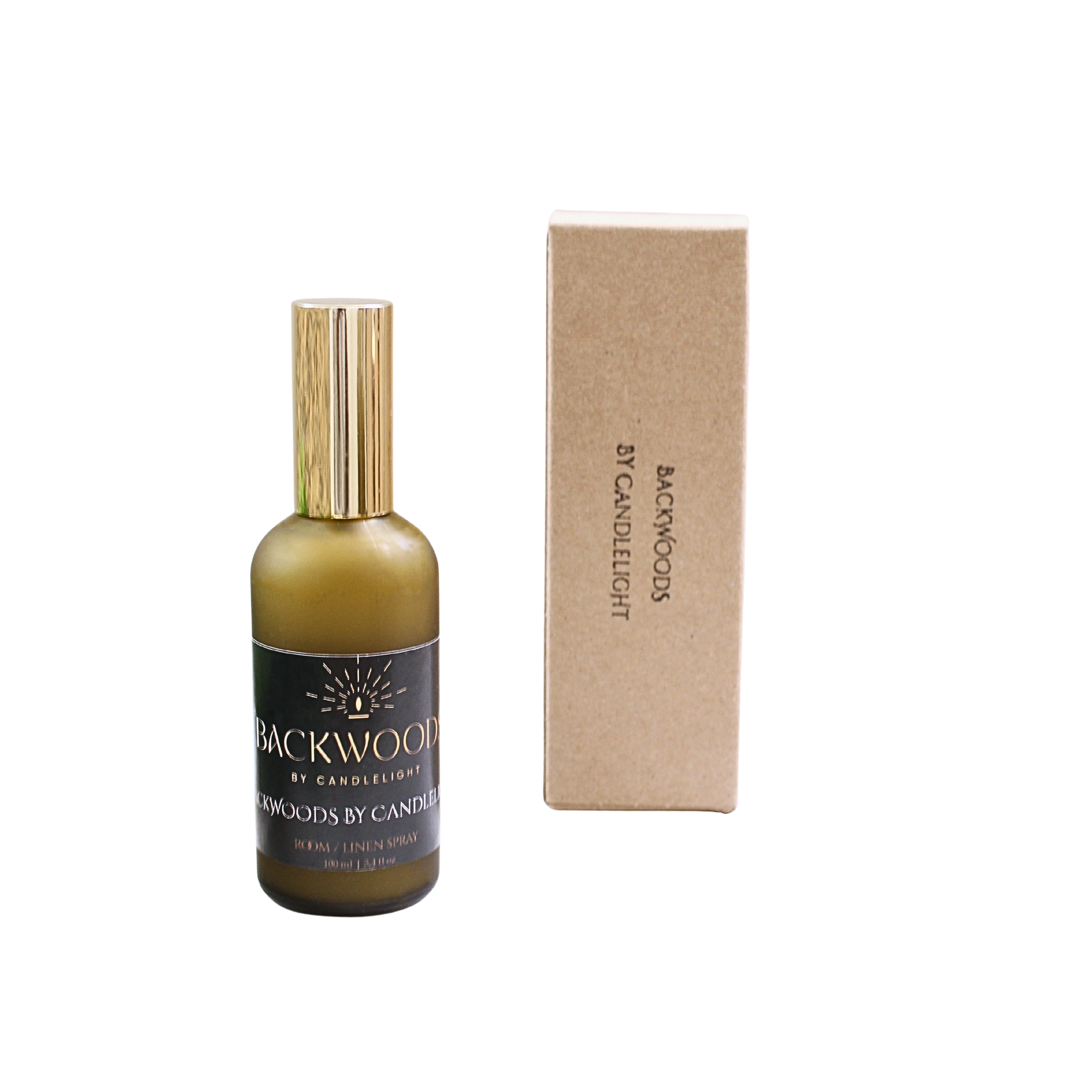Room spray bottle labeled 'Backwoods by Candlelight' on a white background
