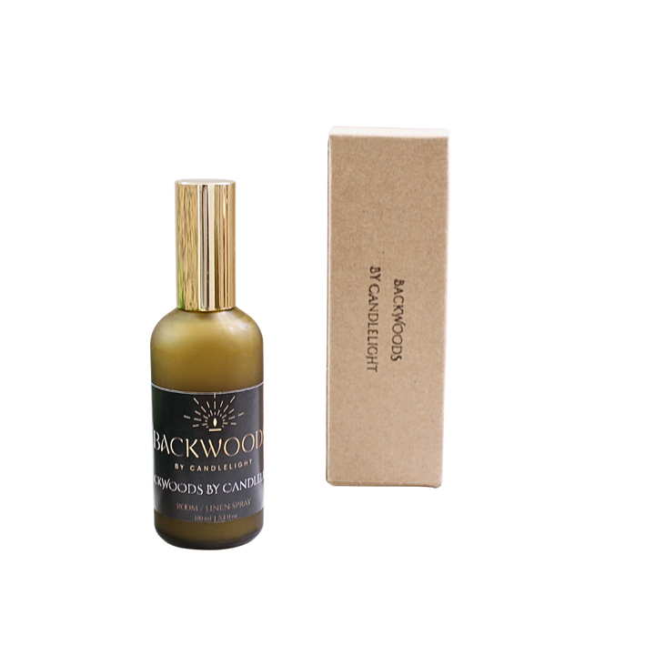 Room spray bottle labeled 'Backwoods by Candlelight' on a white background