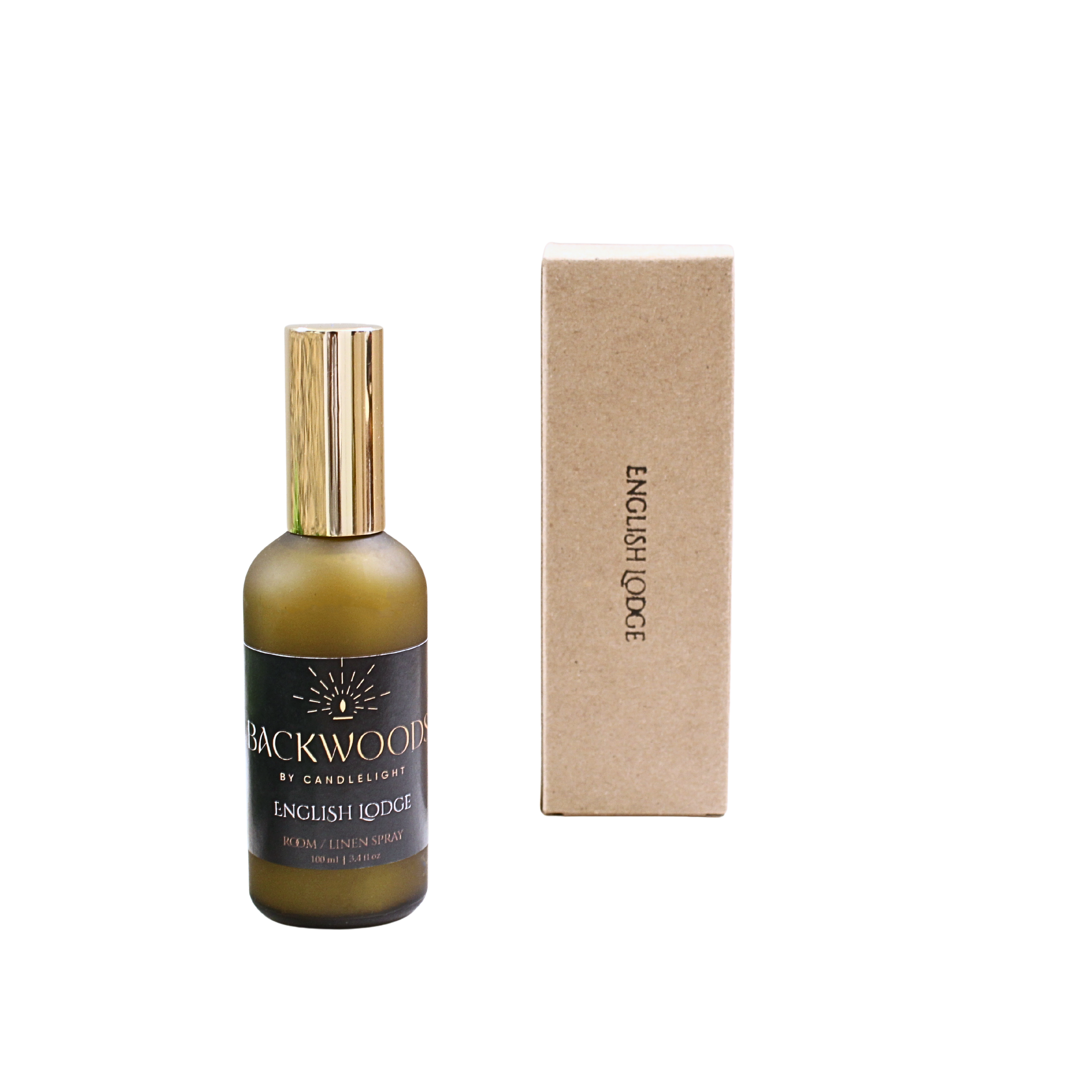 Backwood bottle with gold cap and 'English Lodge' packaging on a white background