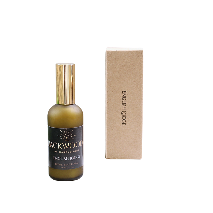 Backwood bottle with gold cap and 'English Lodge' packaging on a white background