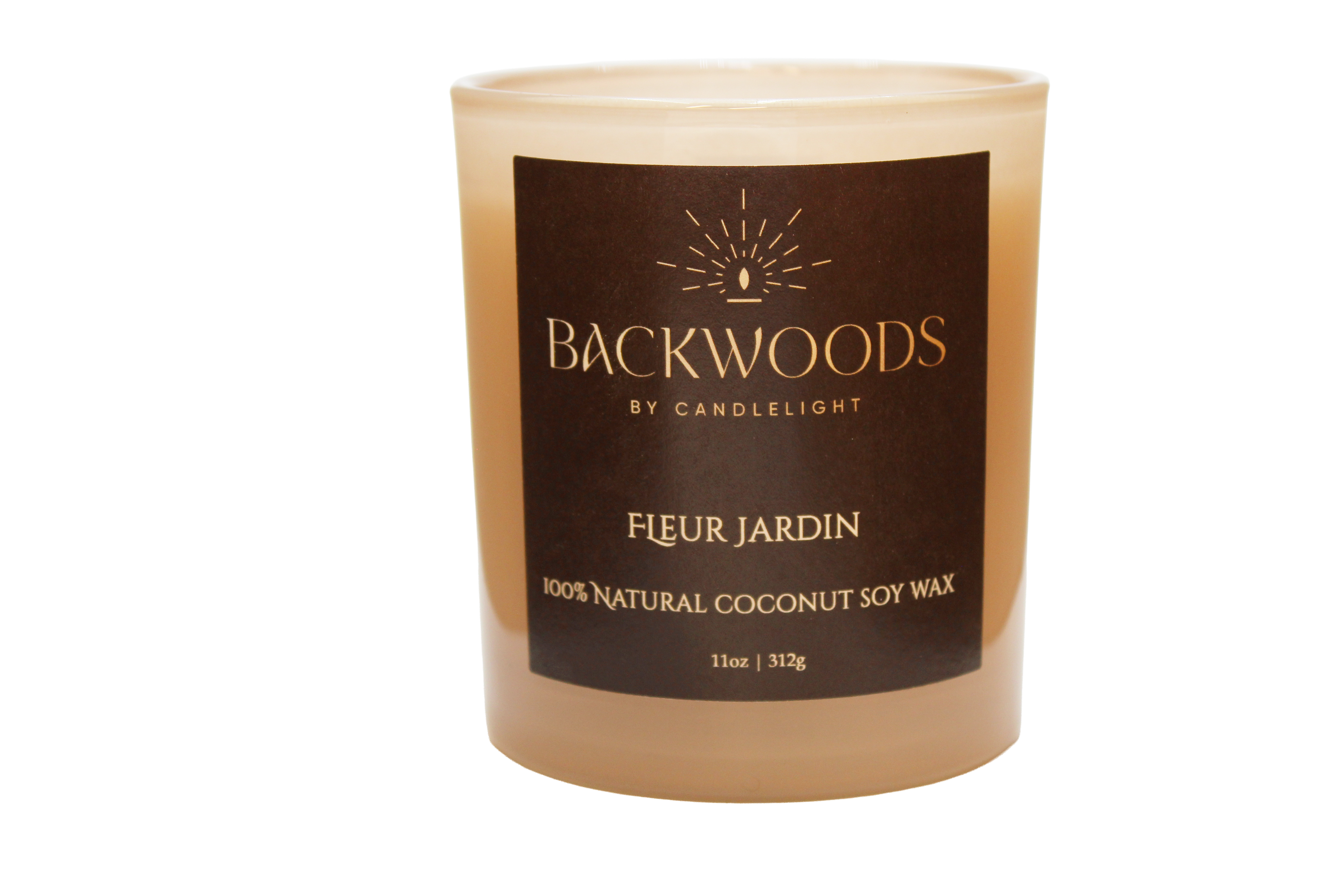 Backwoods By Candlelight all natural candle, non-toxic candle. Fleur Jardin handmade candle and wooden wick on transparent background.