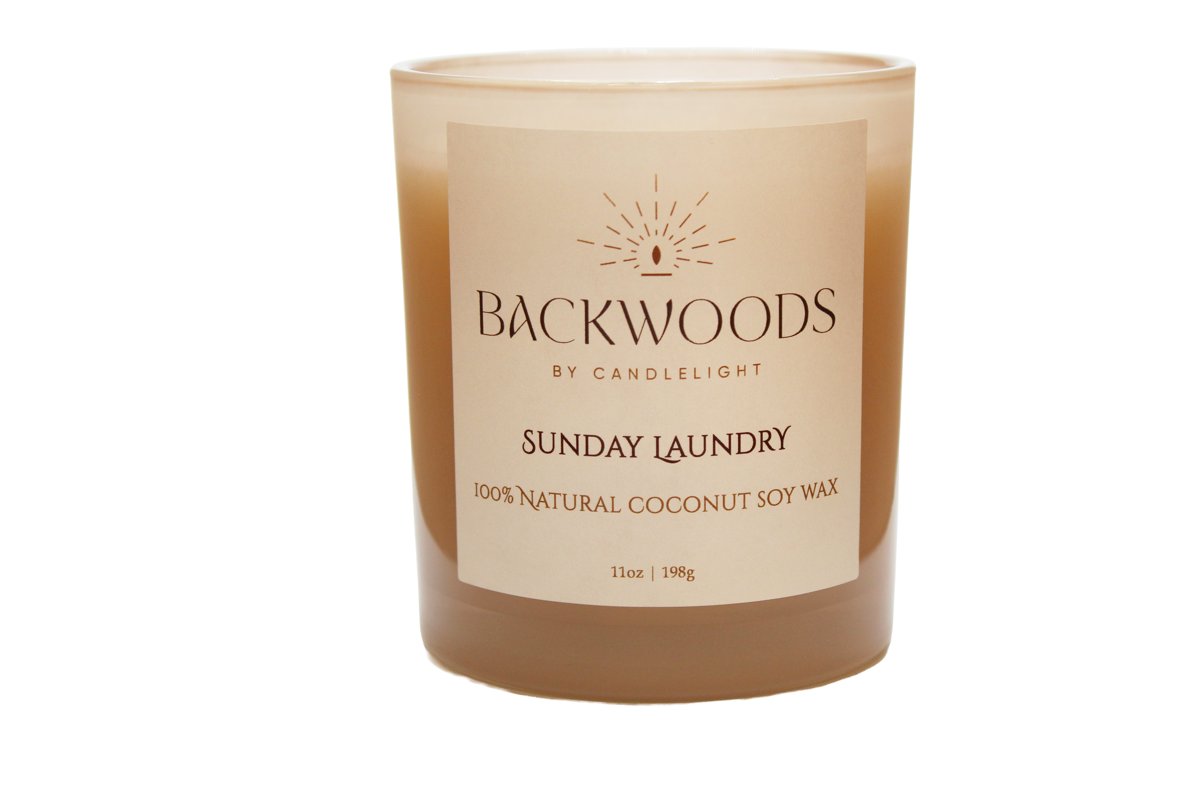 Backwoods By Candlelight all natural candle, non-toxic candle. Sunday Laundry handmade candle and wooden wick on transparent background.