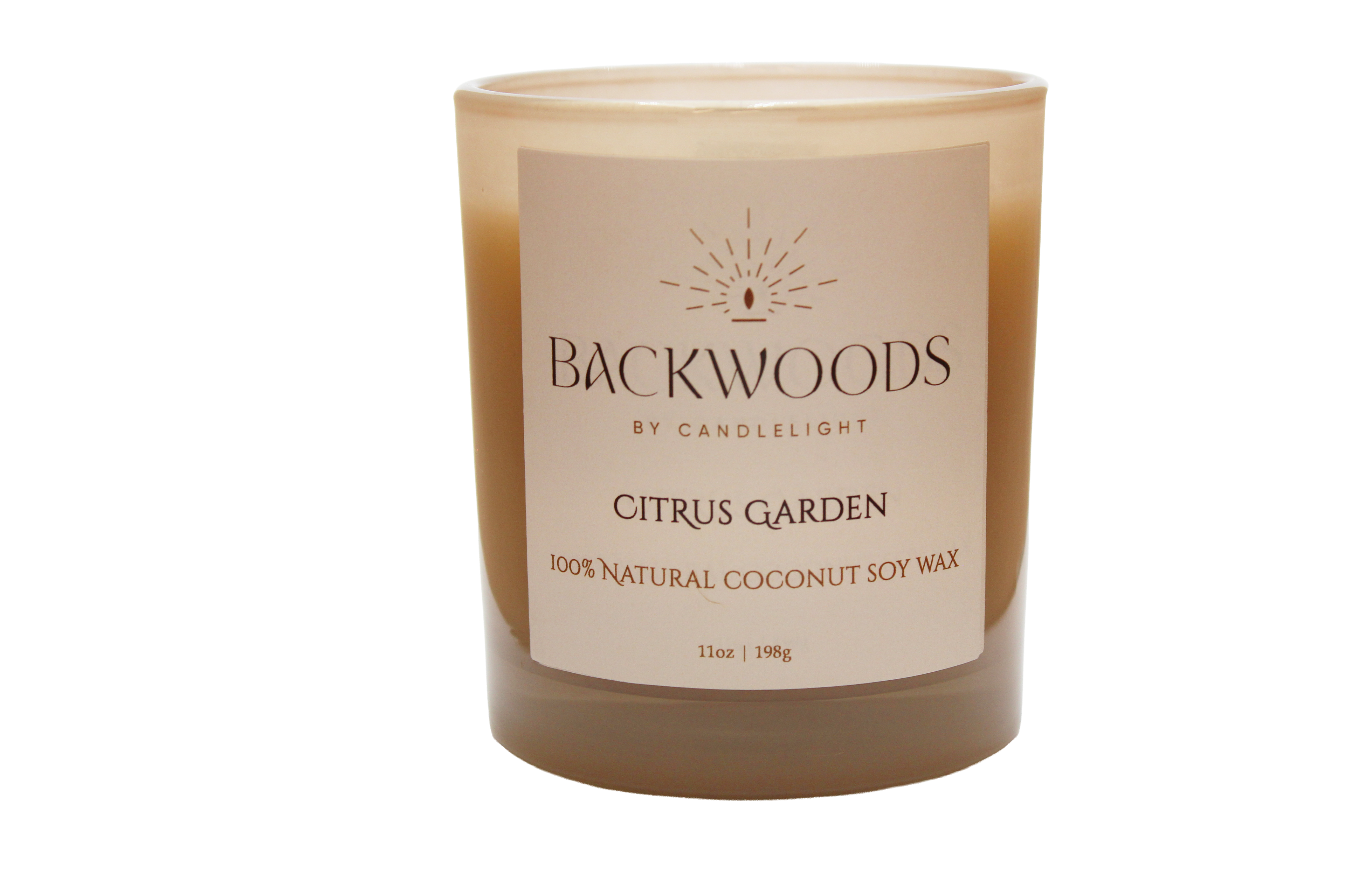 Backwoods By Candlelight all natural candle, non-toxic candle. Citrus Garden handmade candle and wooden wick on transparent background.
