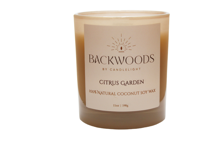 Backwoods By Candlelight all natural candle, non-toxic candle. Citrus Garden handmade candle and wooden wick on transparent background.