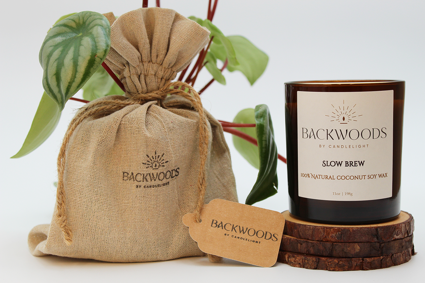 Backwoods By Candlelight all natural candle, non-toxic candle. Slow Brew packaging with handmade candle, wooden wick, plant and candle coaster.