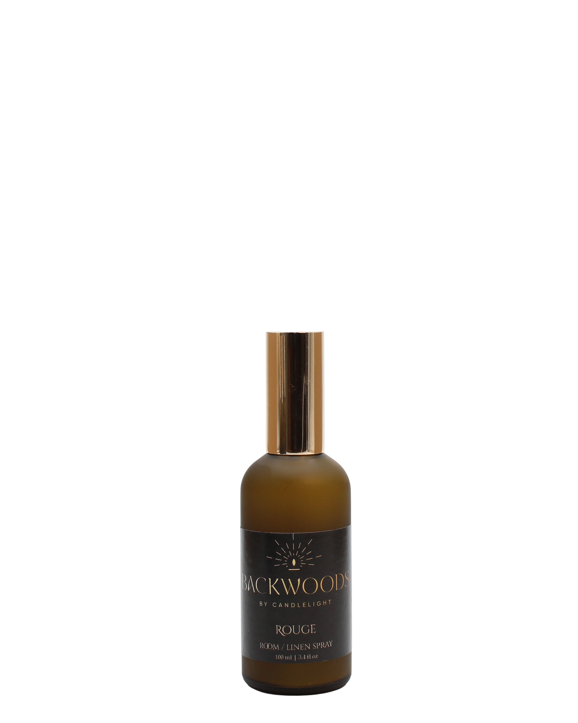 Brown spray bottle with gold cap labeled 'Backwoods by Candlelight Rouge' on a white background
