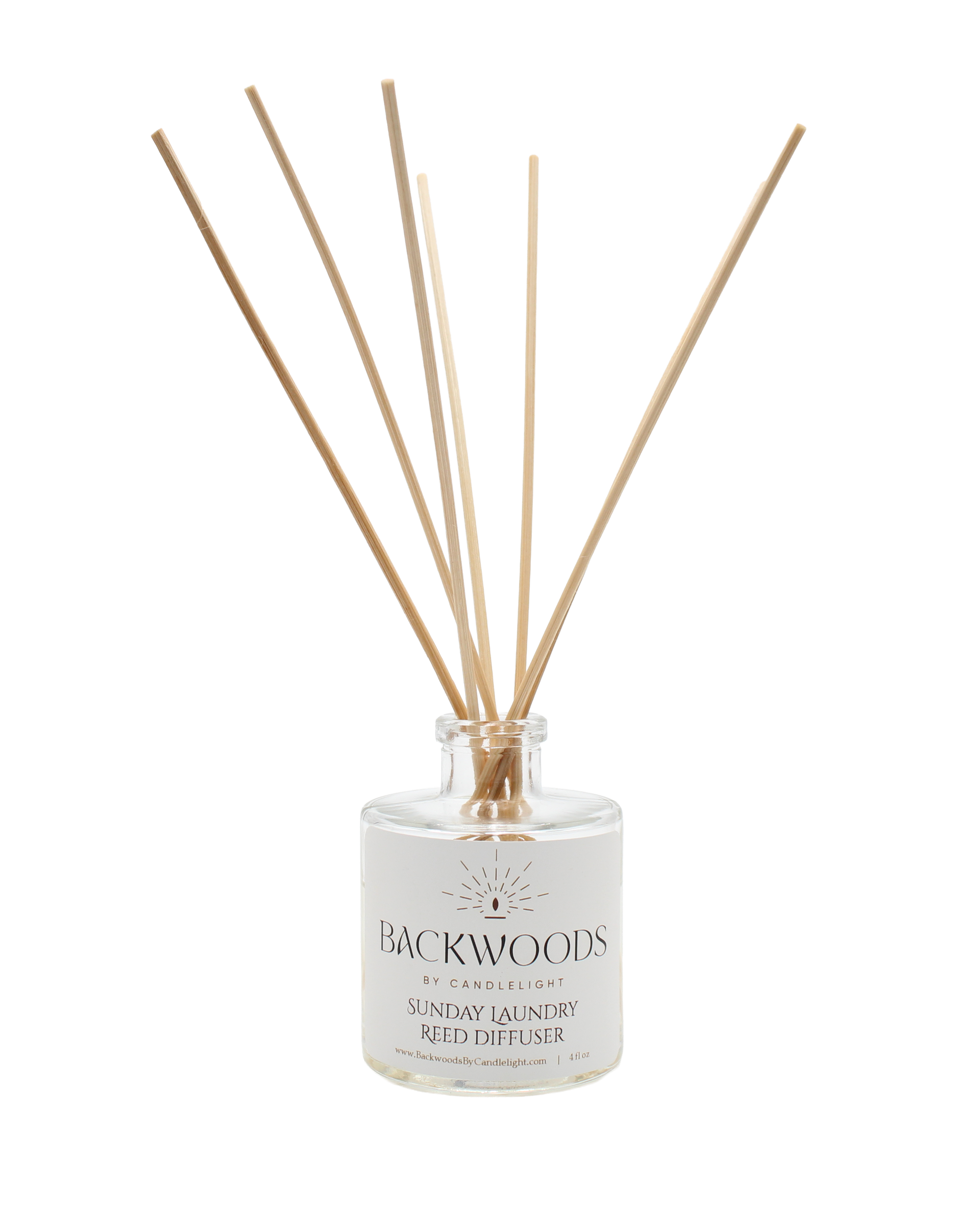 Non-toxic reed diffuser, natural reed diffuser sticks, white background. Sunday Laundry reed diffuser.