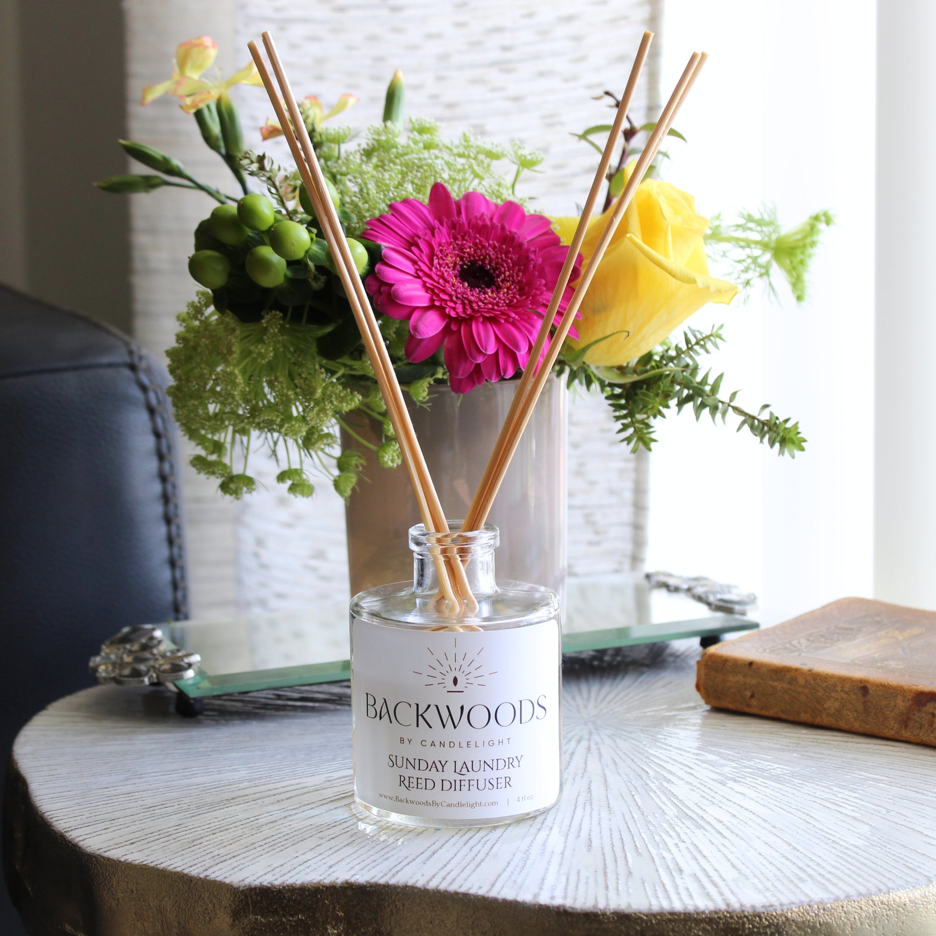 Non-toxic reed diffuser, natural reed diffuser sticks, white background. Sunday Laundry reed diffuser.